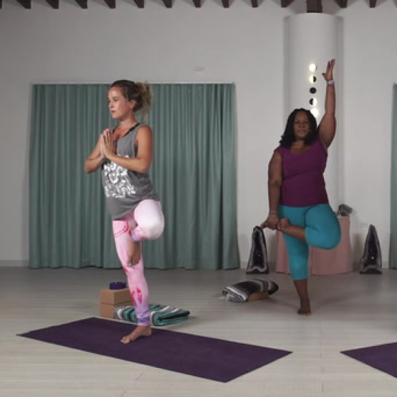 Dianne and student demonstrate two different versions of tree pose.